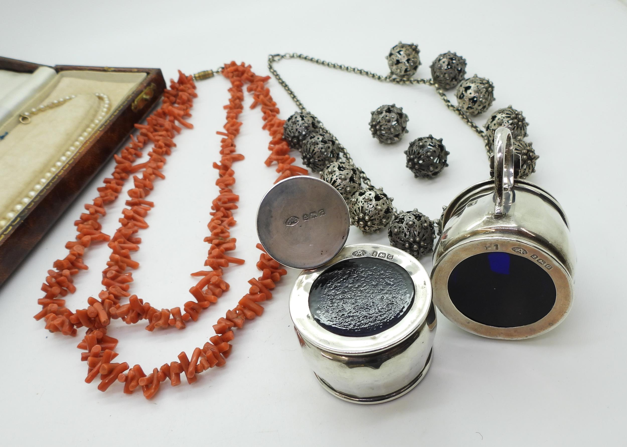 A coral fringe necklace, filigree ball necklace, Asprey & Co silver cruet set and other items - Image 3 of 3