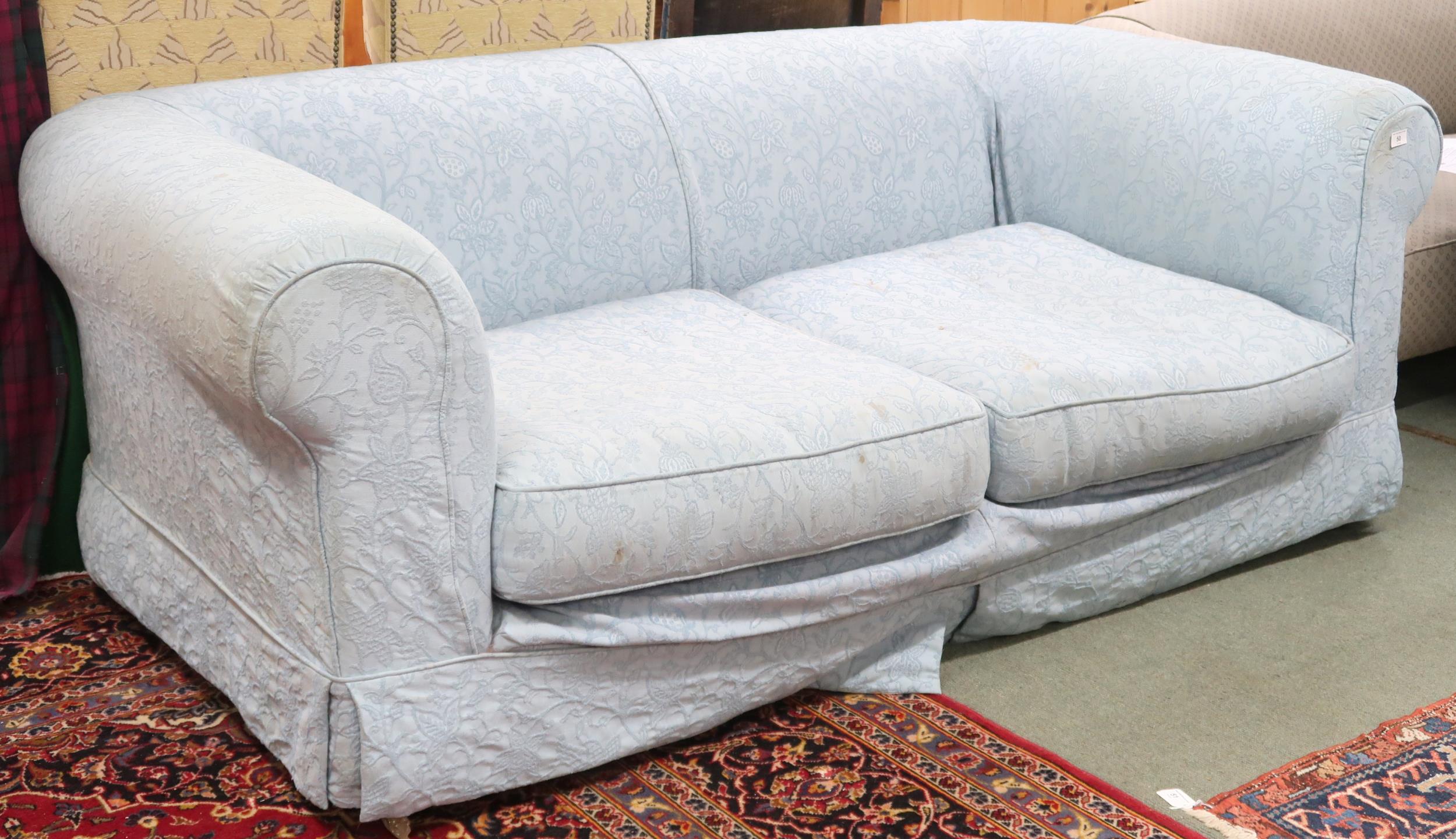 A 20th century blue Damask upholstered two seater settee, 69cm high x 183cm wide x 106cm deep - Image 2 of 2