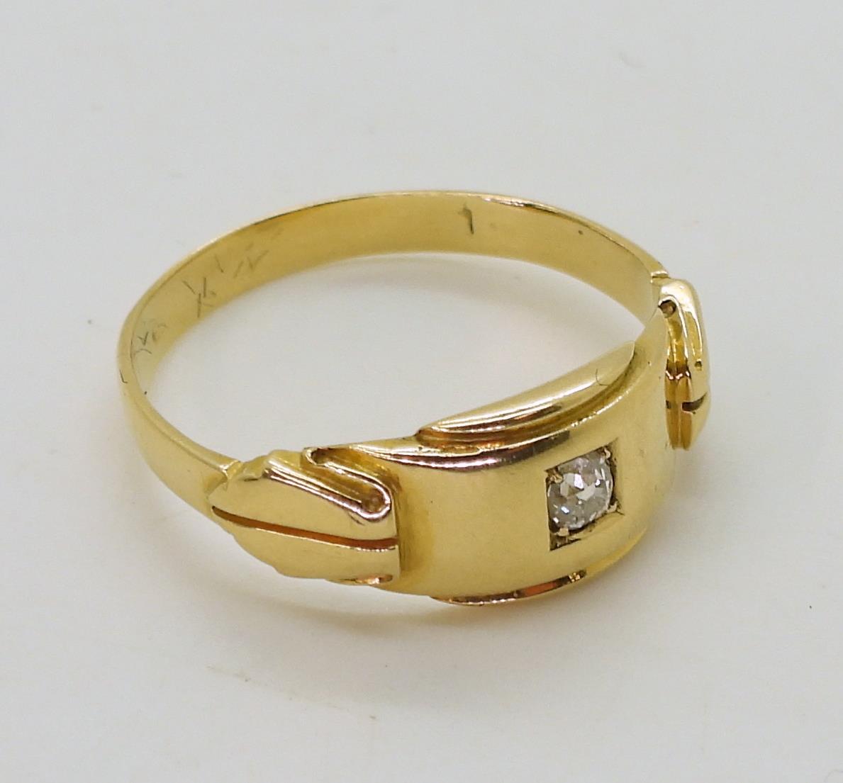A bright yellow metal ring, set with a grain set diamond of estimated approx 0.05cts, finger size P, - Image 3 of 4