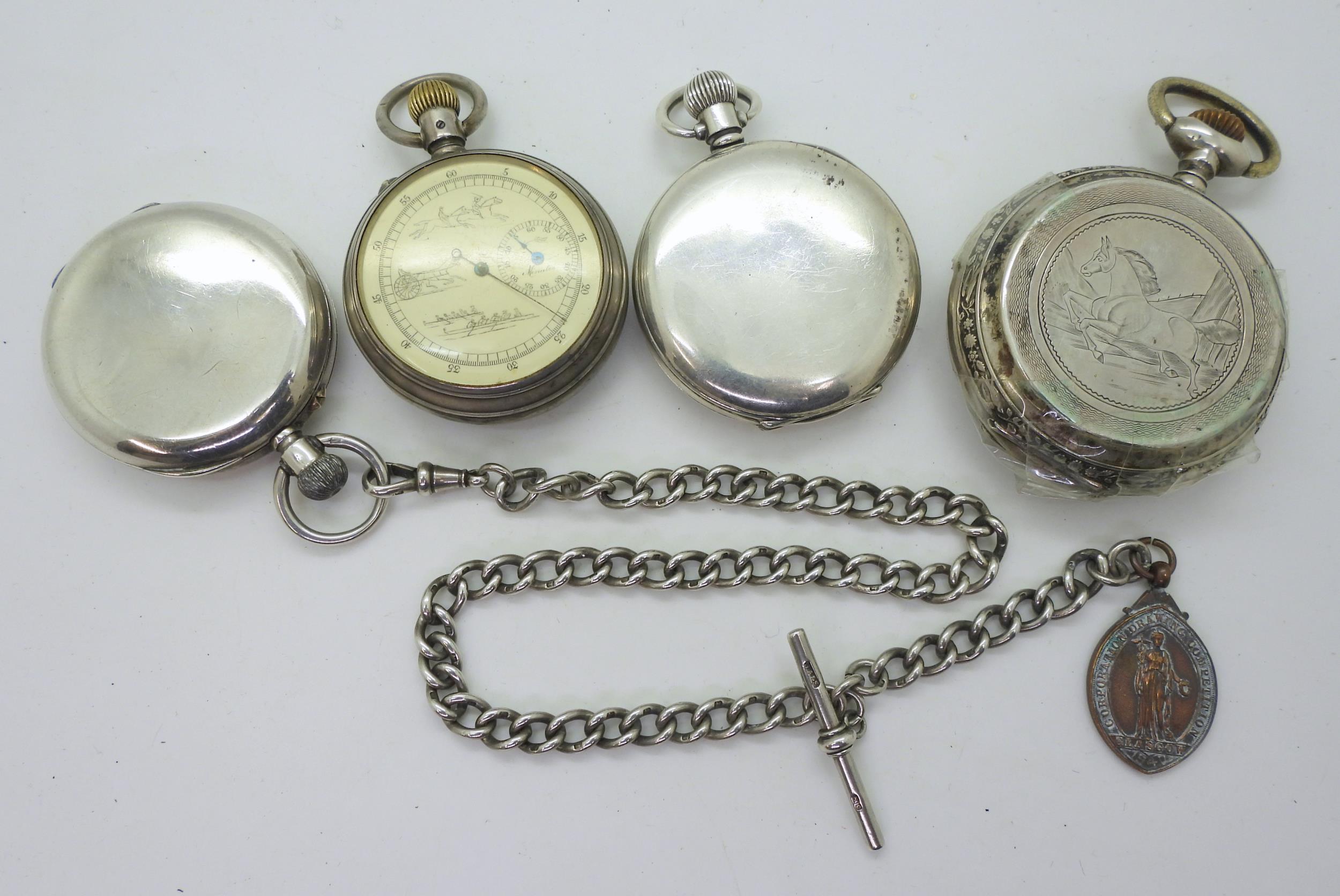 Four silver pocket watches, A large Tissot open face with an engraved horse to the case, a double - Image 3 of 7