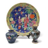 A Chinese cloisonne vase, decorated with flowers and butterflies, another with apple blossoms, and a