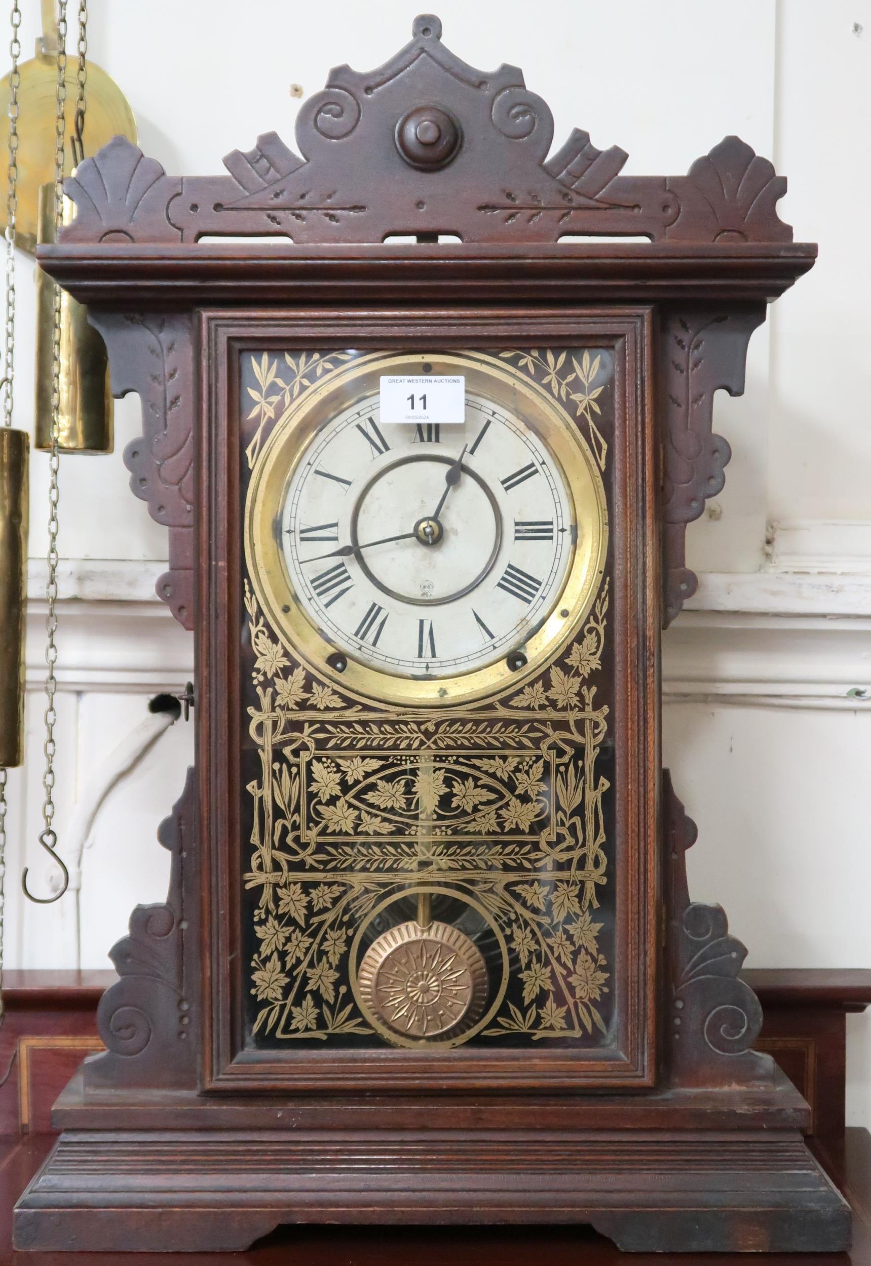 A lot comprising a 19th century oak octagonal wag at the wa clock, 32cm high x 32cm wide and an - Image 2 of 3