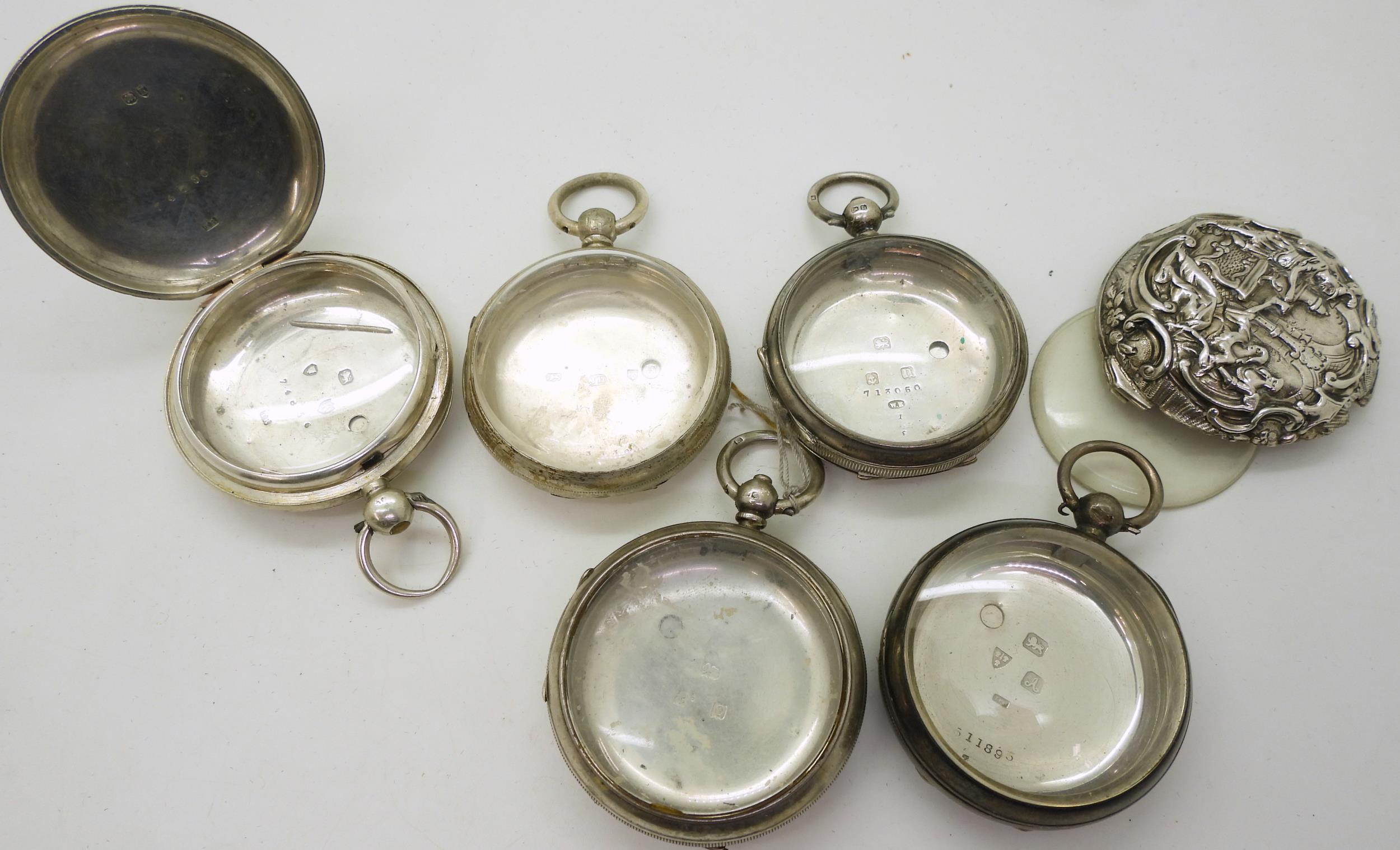 A silver full hunter pocket watch case, hallmarked 1885, four open face pocket watch cases dated - Image 2 of 3