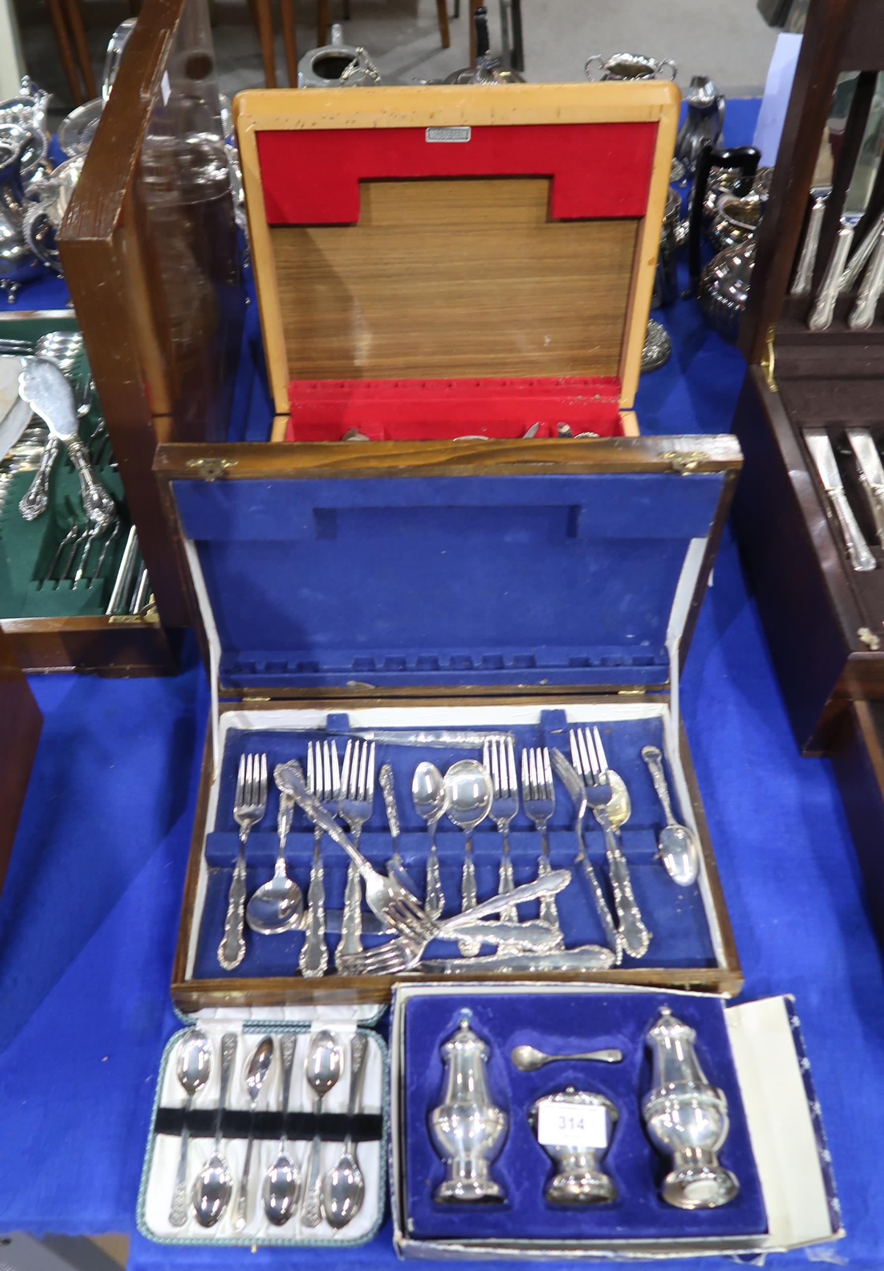 A cased canteen of stainless steel cutlery, another by Oneida, an EPNS cruet set, EPNS teaspoons