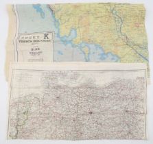 Two WW2 silk escape maps, one showing "Sheet K: French Indo-China (South), Siam (Thailand) (Part
