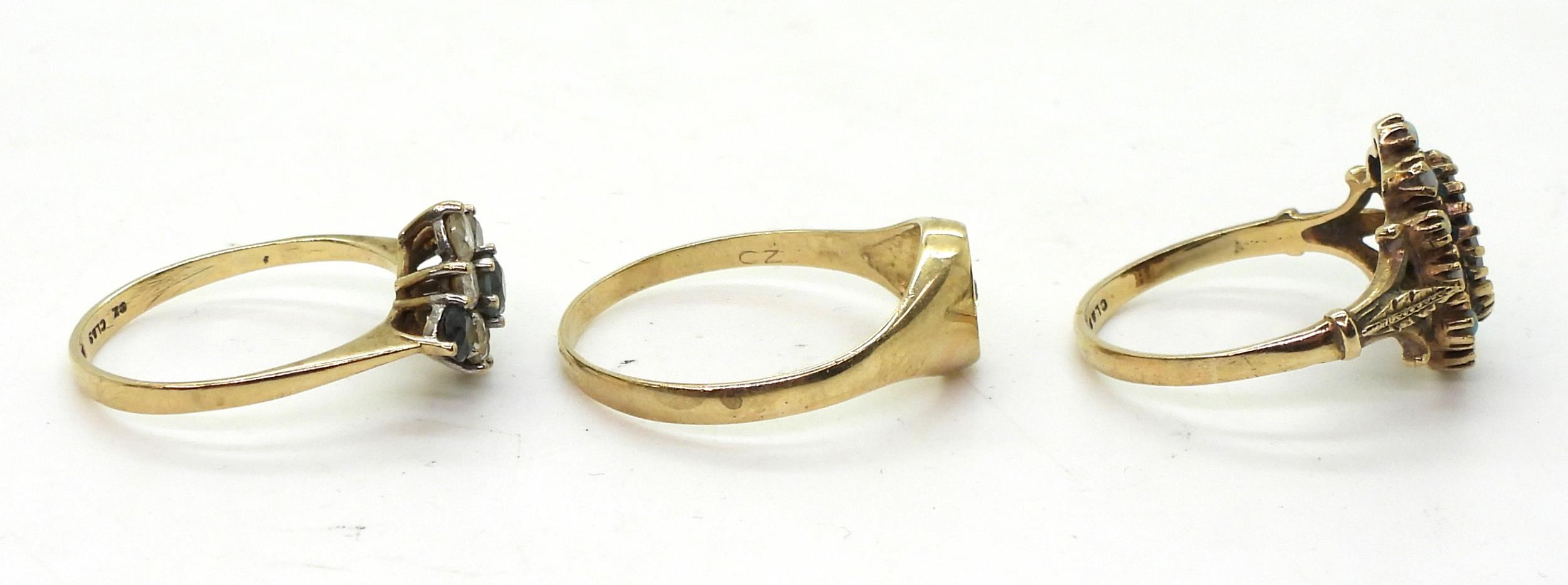 Four 9ct gold rings, an opal and garnet cluster ring, size O1/2, cz accent signet ring size T1/2, - Image 3 of 4