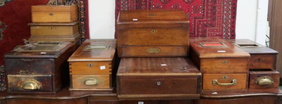 A lot of five assorted 20th century wooden shops tils/cash drawers and two assorted hinge topped