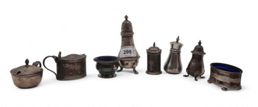 A collection of silver including salts and peppers and part cruet sets, various dates and makers,