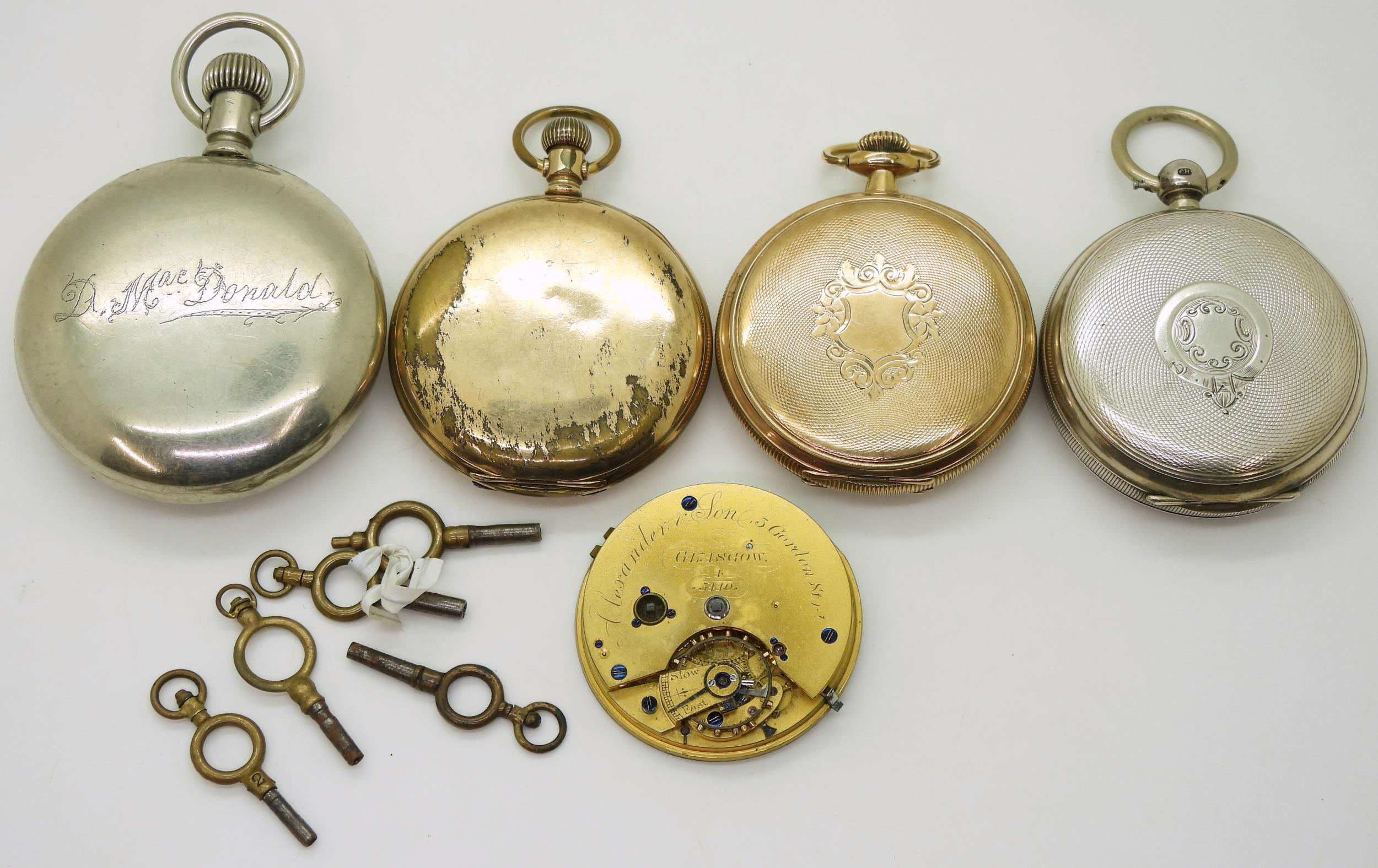 A silver Waltham pocket watch, hallmarked Chester 1918, an Elgin gold plated half hunter, a - Image 3 of 5