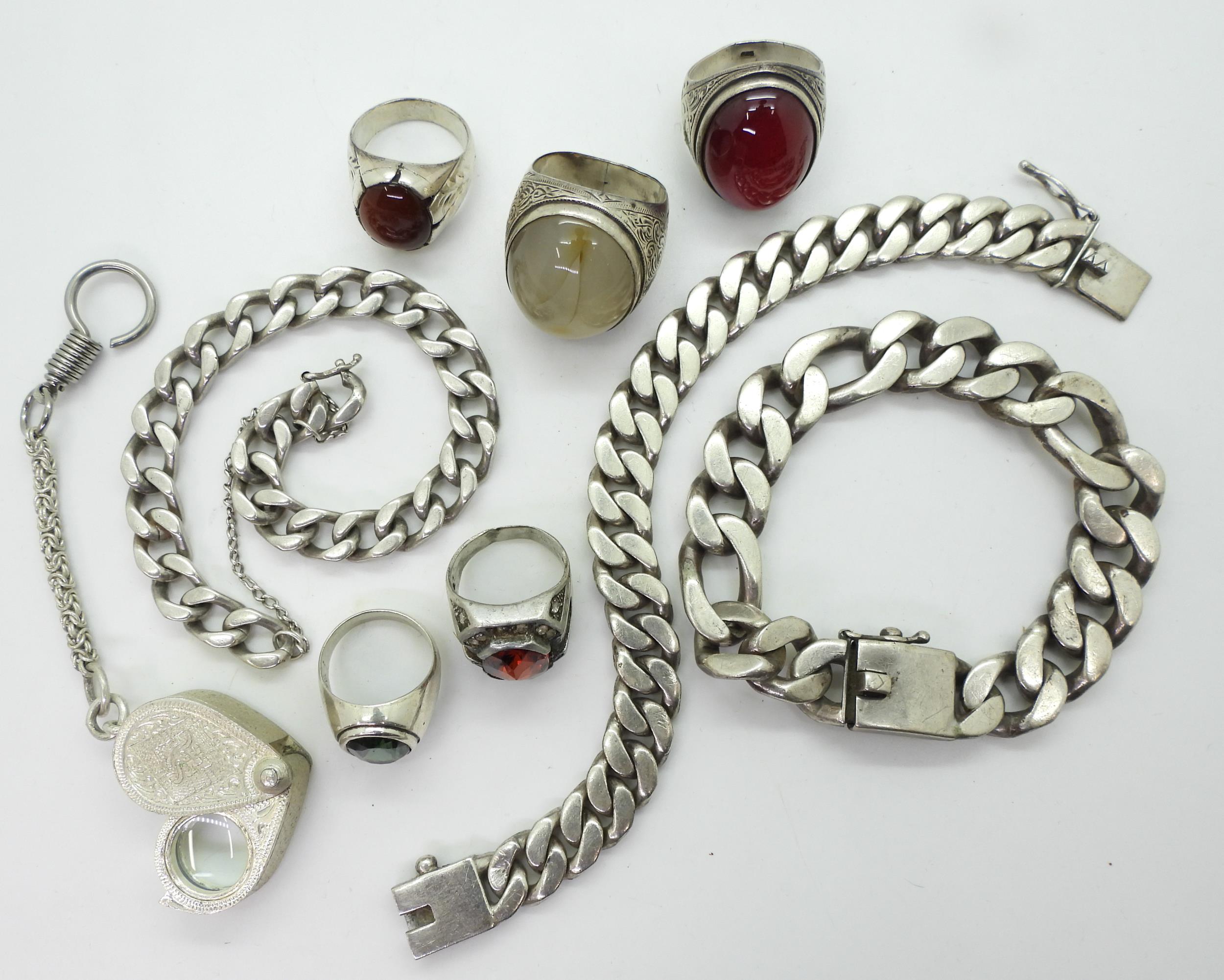 Three white metal curb chain bracelets two stamped 925, a collection of white metal rings and a - Image 3 of 3