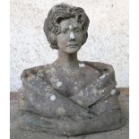 A large 20th century reconstituted stone garden bust of a lady with gown draped over shoulders,