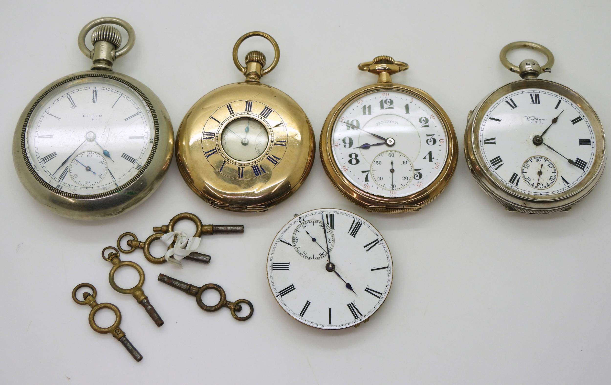 A silver Waltham pocket watch, hallmarked Chester 1918, an Elgin gold plated half hunter, a - Image 2 of 5