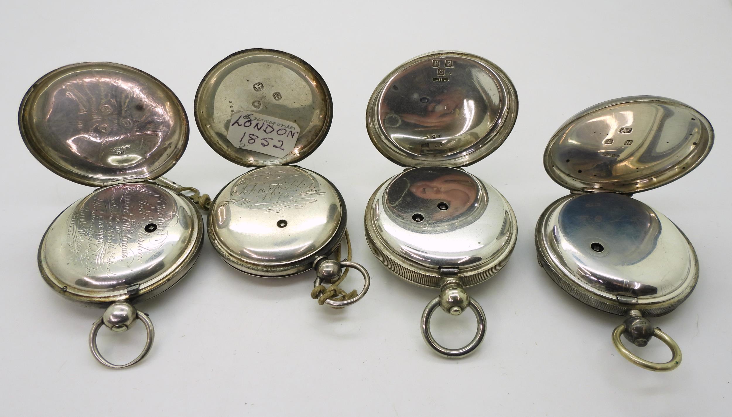 Three silver pocket watches, two with diamond end caps, dated 1835 and 1852, a further example dated - Image 3 of 6