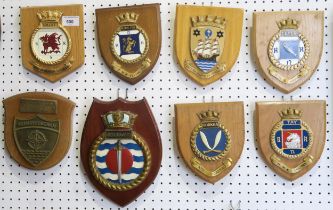 A collection of naval crest wall plaques, for vessels including H.M.S. Unicorn, H.M.S. Flying Fox,