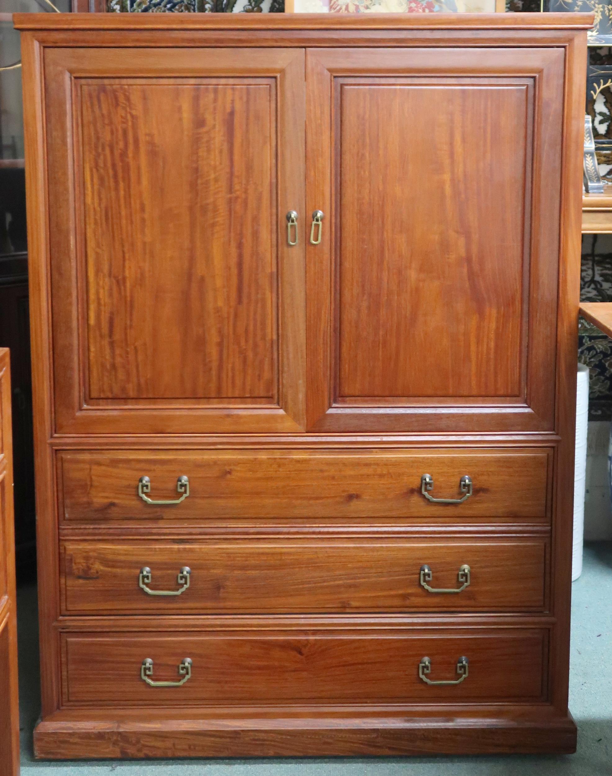 A lot comprising contemporary Oriental hardwood glazed corner cabinet, 198cm high x 70cm wide and