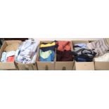 A lot of six boxes of gents knitwear and shirts to include Shetland wool, P,G Field, James Pringle