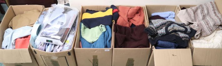 A lot of six boxes of gents knitwear and shirts to include Shetland wool, P,G Field, James Pringle
