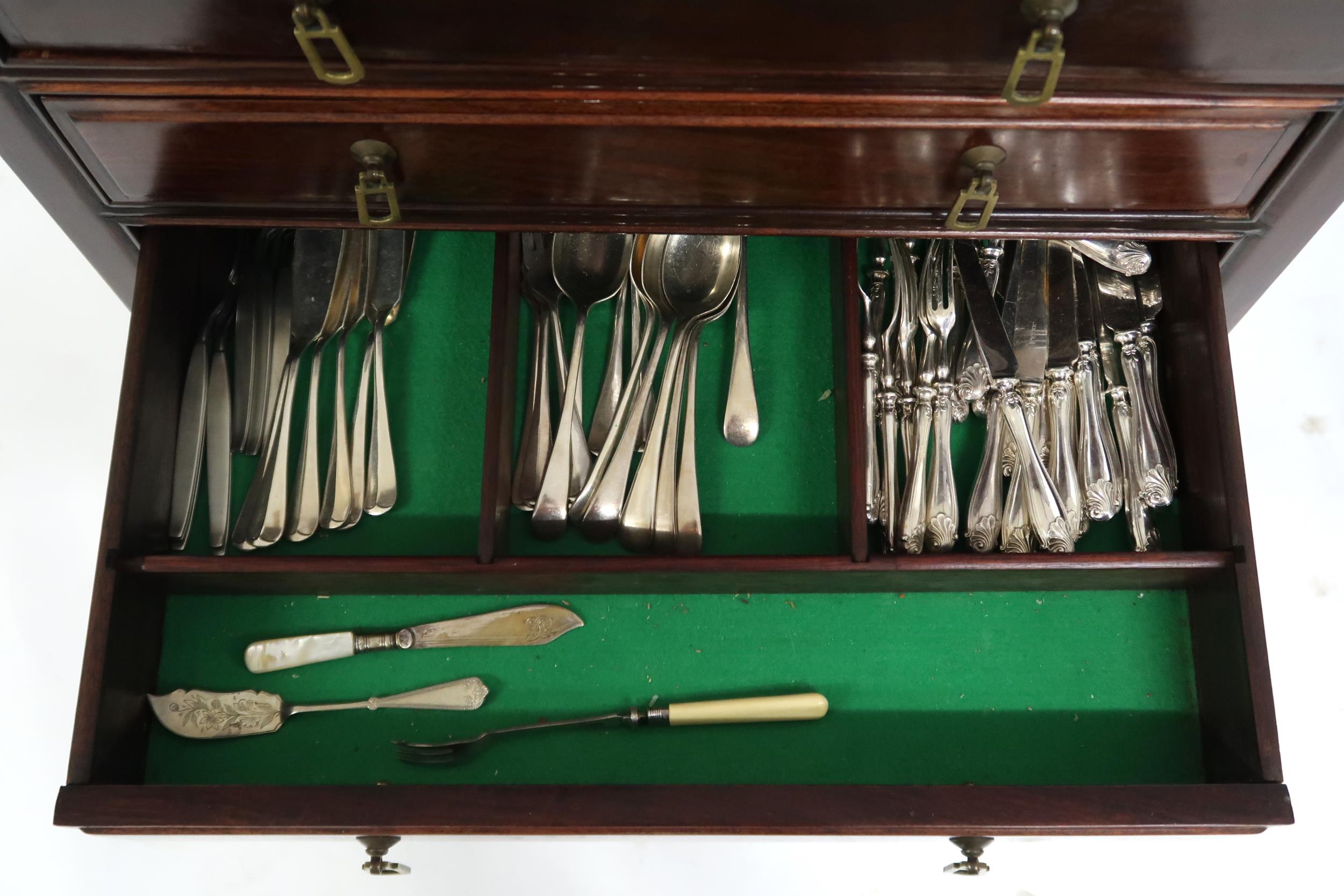 A contemporary Oriental hardwood cutlery canteen with assorted silver plate cutlery contents, 90cm - Image 3 of 6