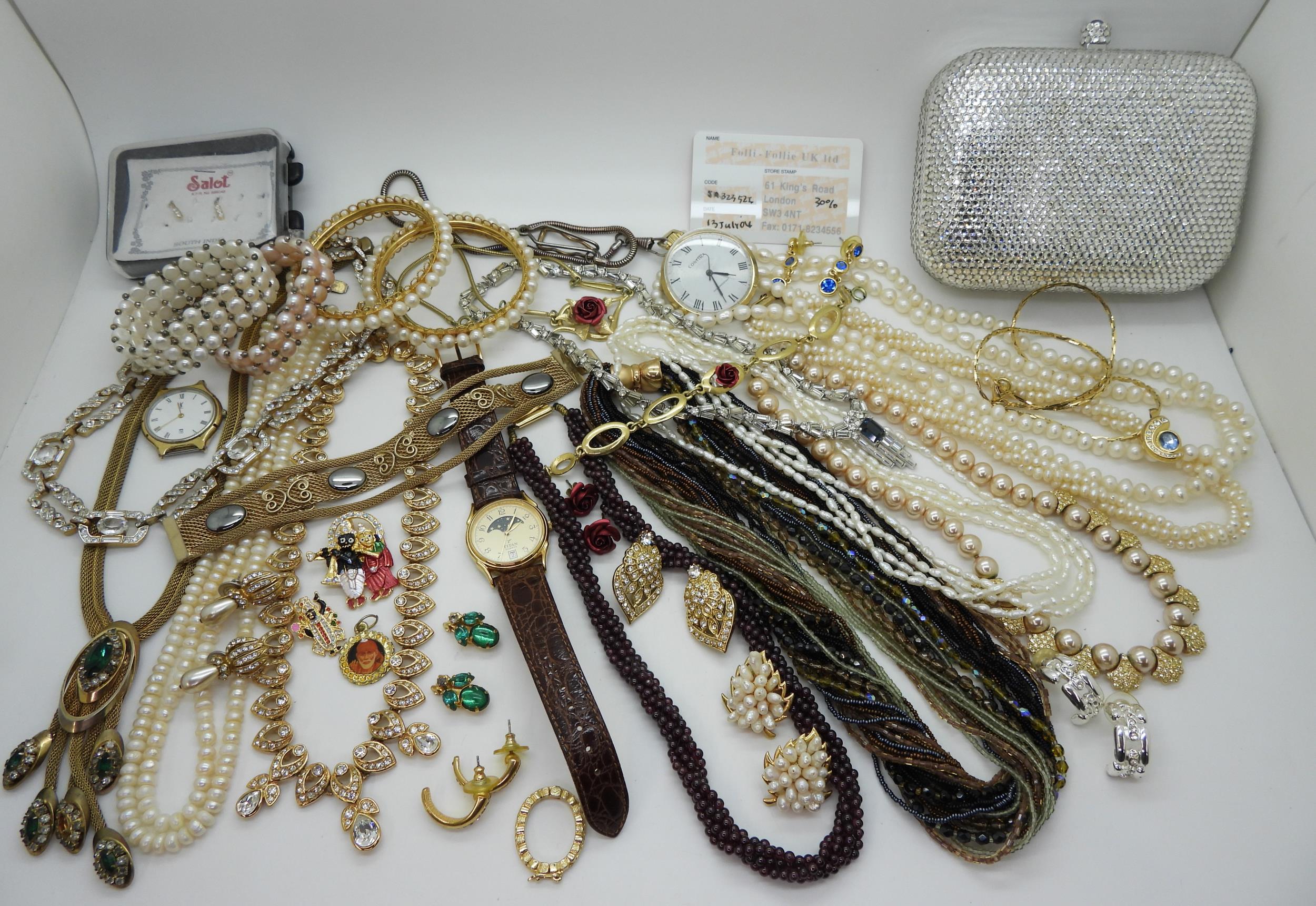 A diamante handbag by Karen Kelly, garnet beads, strings of cultured pearls and bracelets, further - Image 2 of 3