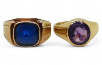 A14k gold Norwegian ring, made by Elvik & Co, set with a blue glass gem, size N, weight 3.8gms and a