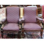 A lot of two assorted Victorian walnut framed armchairs the first with scrolled back flanked by