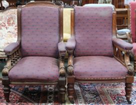 A lot of two assorted Victorian walnut framed armchairs the first with scrolled back flanked by