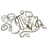 A silver fob chain (clasp not silver) a white metal dragon necklace stamped 925, a silver Dollar