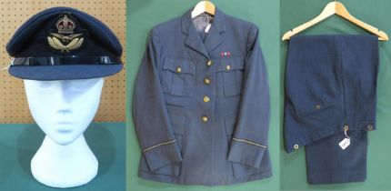 A WW2-period RAF officer's service dress uniform, comprising tunic with War Medal ribbon bar,