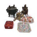 A Kutani cat, a cinnabar lacquer box, a Chinese dragon plate, a Chinese brass foo dog, a bronze