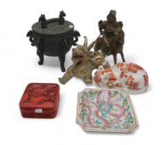A Kutani cat, a cinnabar lacquer box, a Chinese dragon plate, a Chinese brass foo dog, a bronze
