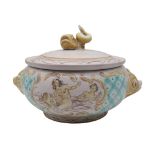 A large Italian pottery pot and cover with grotesque handles and dolphin finial Condition Report: