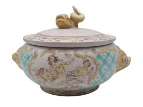 A large Italian pottery pot and cover with grotesque handles and dolphin finial Condition Report:
