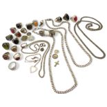 A collection of silver and white metal jewellery to include curb chain necklaces, an Italian