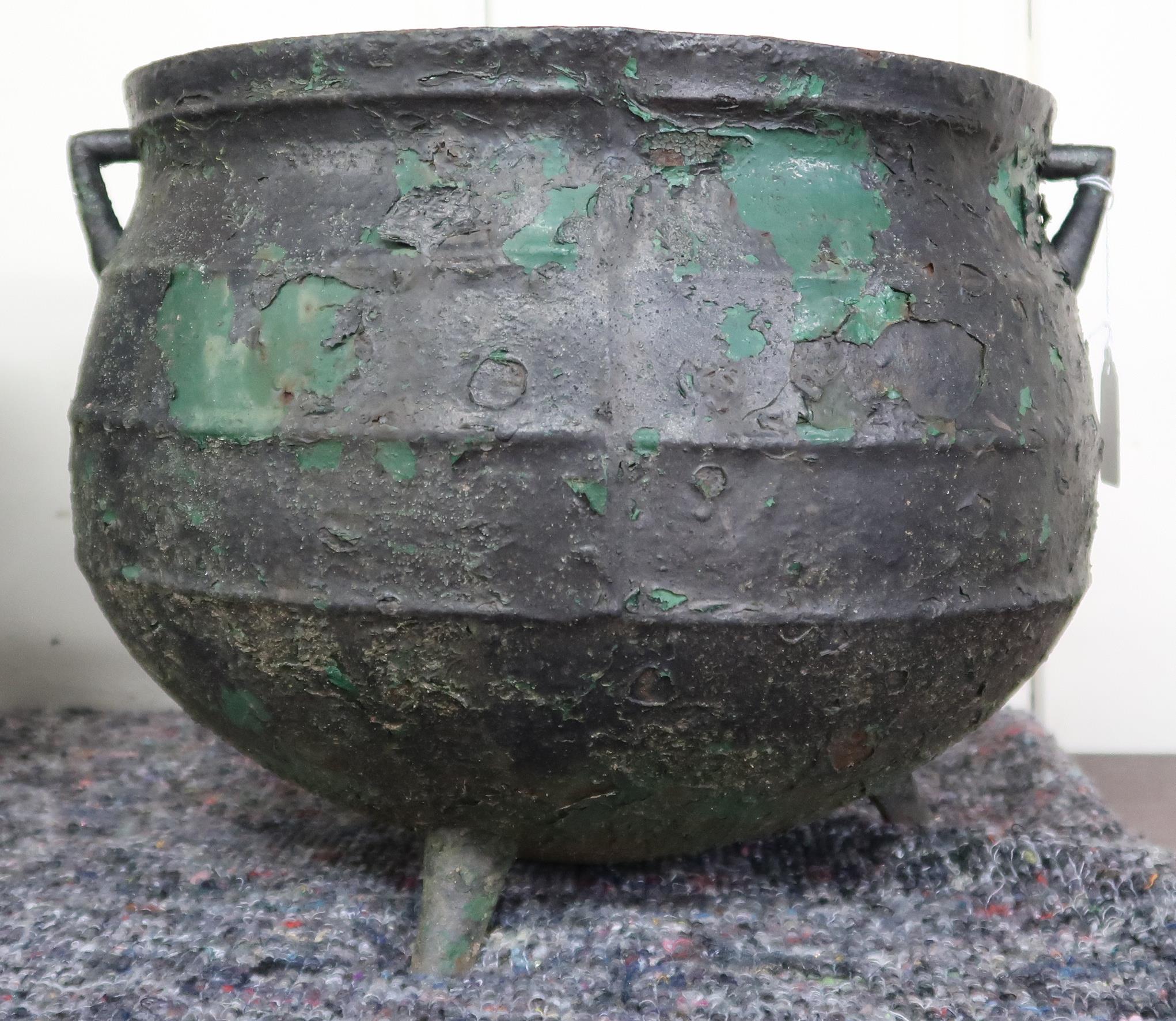 A pair of 19th century cast iron cauldrons with twinned handles on three feet, 27cm high x 36cm - Image 3 of 4