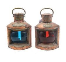 A pair of copper ship's port/starboard lamps by H. Hughes and Son Ltd., Marine Opticians &