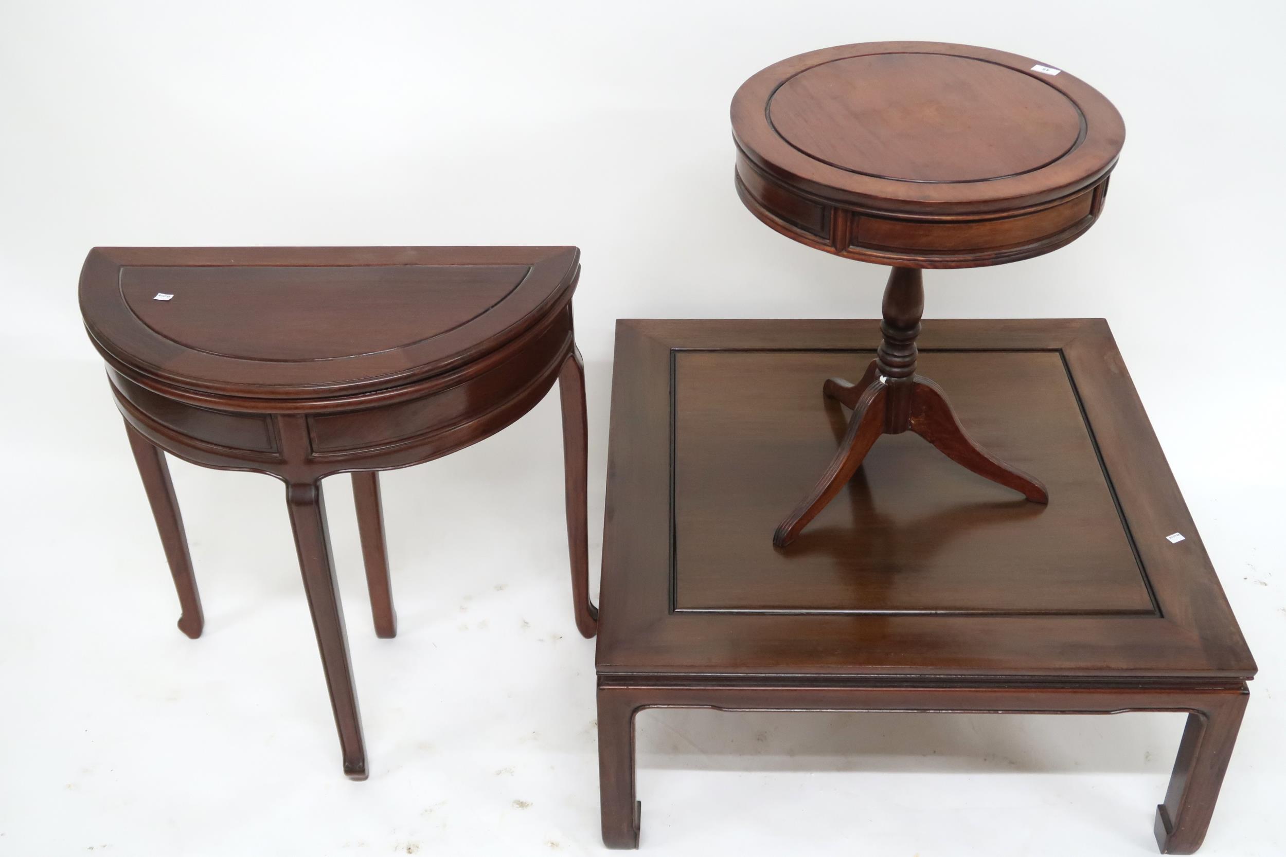 A lot comprising Oriental hardwood circular topped table, 63cm high x 53cm diameter, demi lune - Image 2 of 2