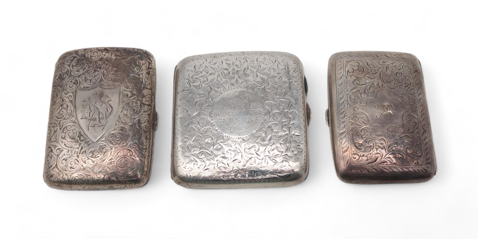 Three silver cigarette cases, by Payton, Pepper & Sons Ltd, Chester, another by Jones & Crompton,