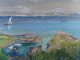 TOM SHANKS RSW RGI PAI (SCOTTISH 1921-2020)  CORRIE HARBOUR ARRAN  Mixed media on grey paper, signed