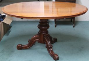 A Victorian mahogany oval tilt topped breakfast table on tripod base, 77cm high x 137cm long x 115cm