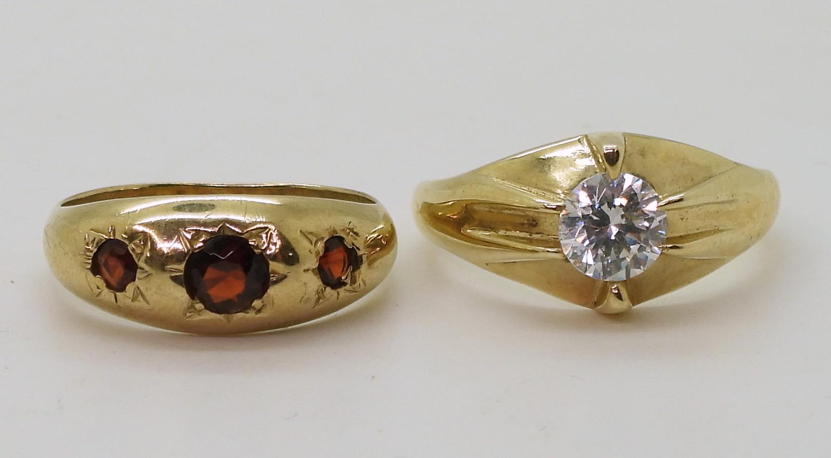 A 9ct gold gypsy ring set with a clear gem size T1/2, a 9ct gold dome ring star set with three - Image 2 of 4