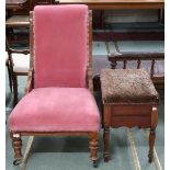 A Victorian pink velour upholstered nursing chair on turned supports, 99cm high x 61cm wide x 81cm