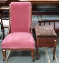 A Victorian pink velour upholstered nursing chair on turned supports, 99cm high x 61cm wide x 81cm