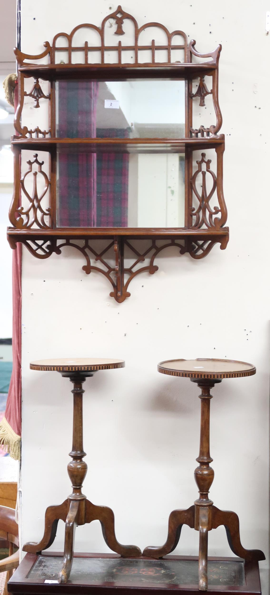 A lot comprising 19th century mahogany mirror backed wall shelf with decorative fretwork mounts
