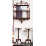 A lot comprising 19th century mahogany mirror backed wall shelf with decorative fretwork mounts