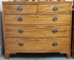 A Victorian mahogany bowfront two over three chest of drawers on bracket feet, 93cm high x 108cm