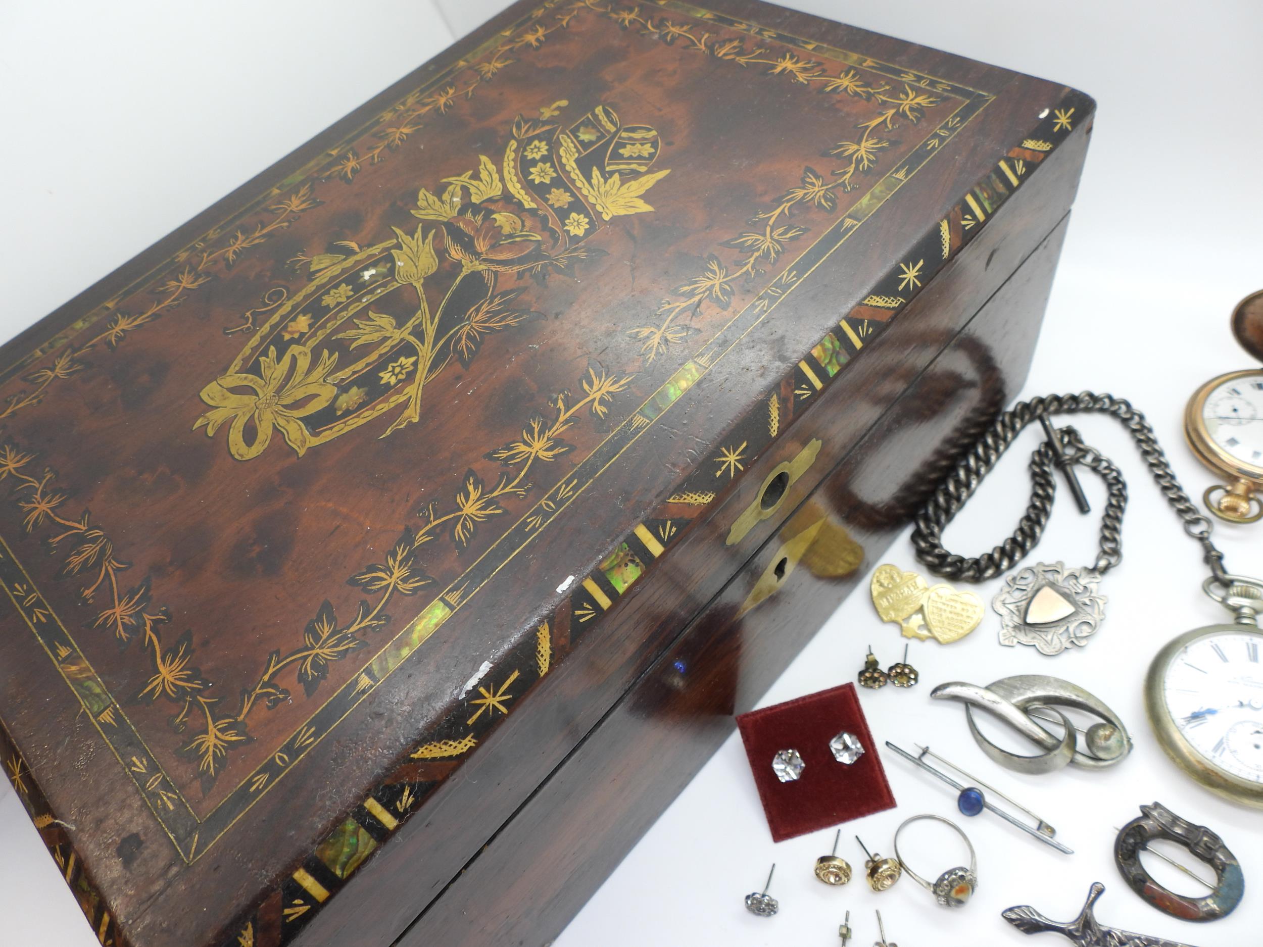 A mother of pearl and brass inlaid marquetry box, containing, a base metal Nirvana pocket watch with - Image 3 of 3