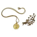 A 9ct gold pearl flower brooch, together with a 9ct chain with yellow metal Sagittarius pendant