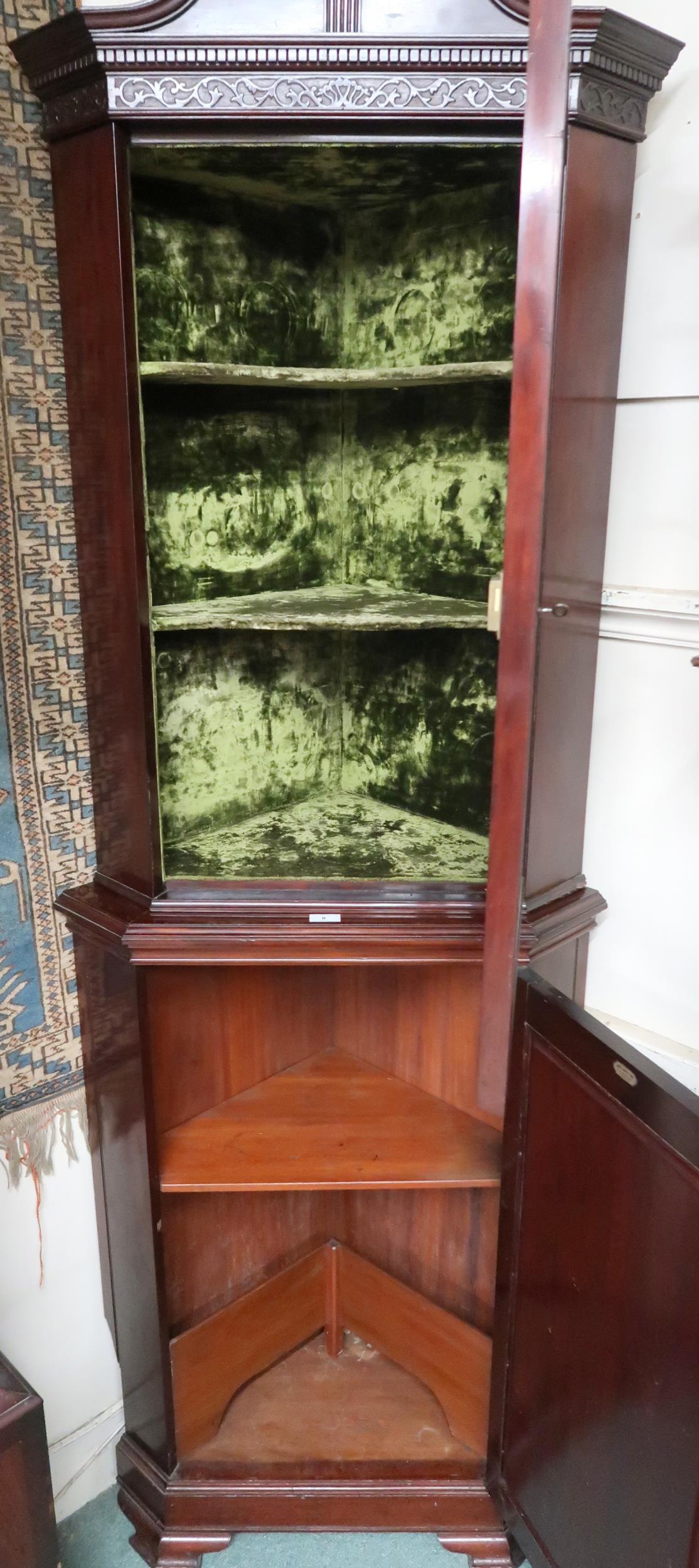 An early 20th century mahogany astragal glazed corner cabinet with scrolled surmount over astragal - Image 2 of 2