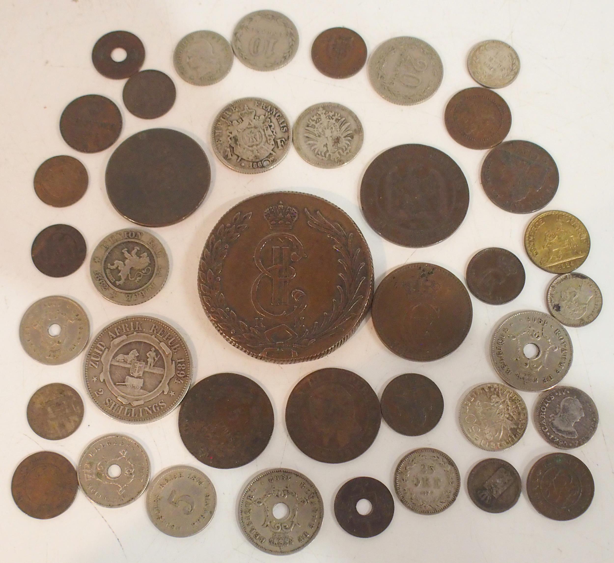 A lot comprising coins from Russia 10 Kopeks 1775, French Empire and Repubic, Deutches Reich,