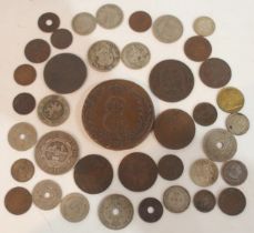 A lot comprising coins from Russia 10 Kopeks 1775, French Empire and Repubic, Deutches Reich,
